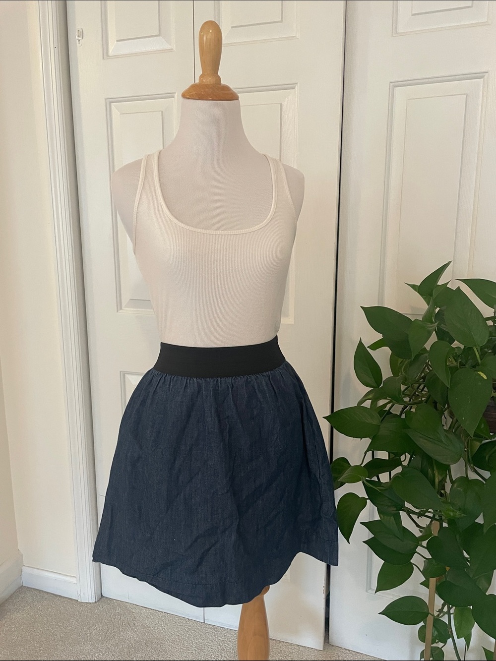 Women's Navy A-Line with Black Waistband Denim dress with razorback top